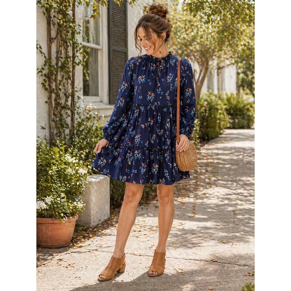 Free People Floral Mini Dress L Blue Boho Prairie Cottagecore Tiered Tie Back